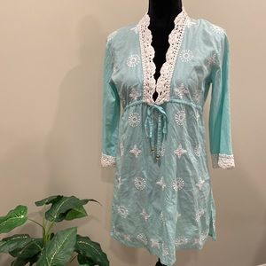 Tara Michelle Mint Embroidered Cover-Up with Crochet Trim on Neck & Cuffs NWT
